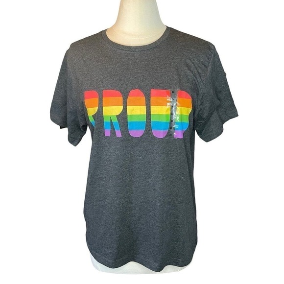 LGBTQ PRIDE "Proud" Tee Shirt Medium Dark Gray Rainbow Hallmark Brand New - Picture 1 of 9